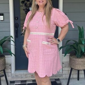 Simply Southern Pink Tweed Midi Dress with Scalloped Hem